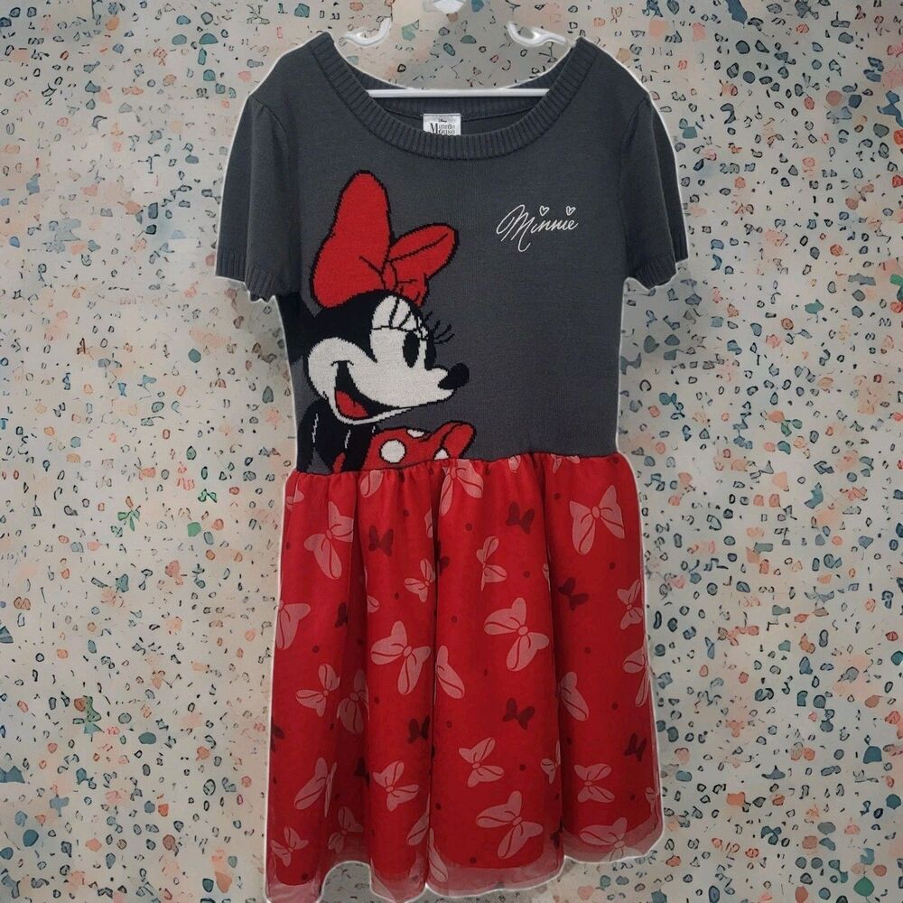 Disney Girls 10-12 Minnie Mouse Red & Gray Knit Sweater Dress w/ Tulle Skirt